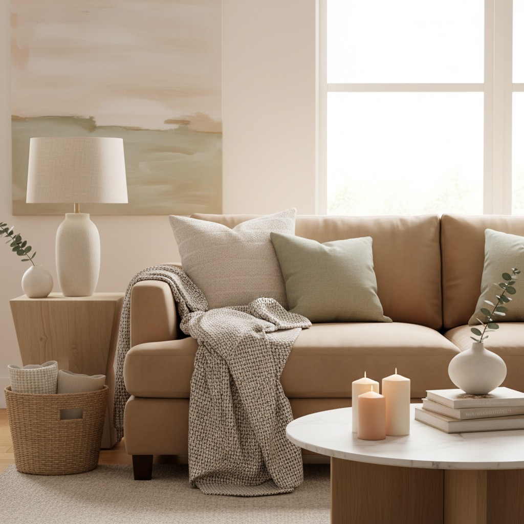 Ein helles und modern eingerichtetes Wohnzimmer mit einem beigen Sofa, Kissen in Erdtönen, einem Couchtisch mit Kerzen und einem großen, abstrakten Gemälde an der Wand.