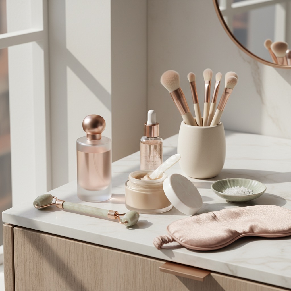 Verschiedene Kosmetik- und Pflegeprodukte wie Make-up-Pinsel, eine Gesichtscreme und ein Parfum stehen auf einer hellen Marmorplatte in einem sonnigen Raum.