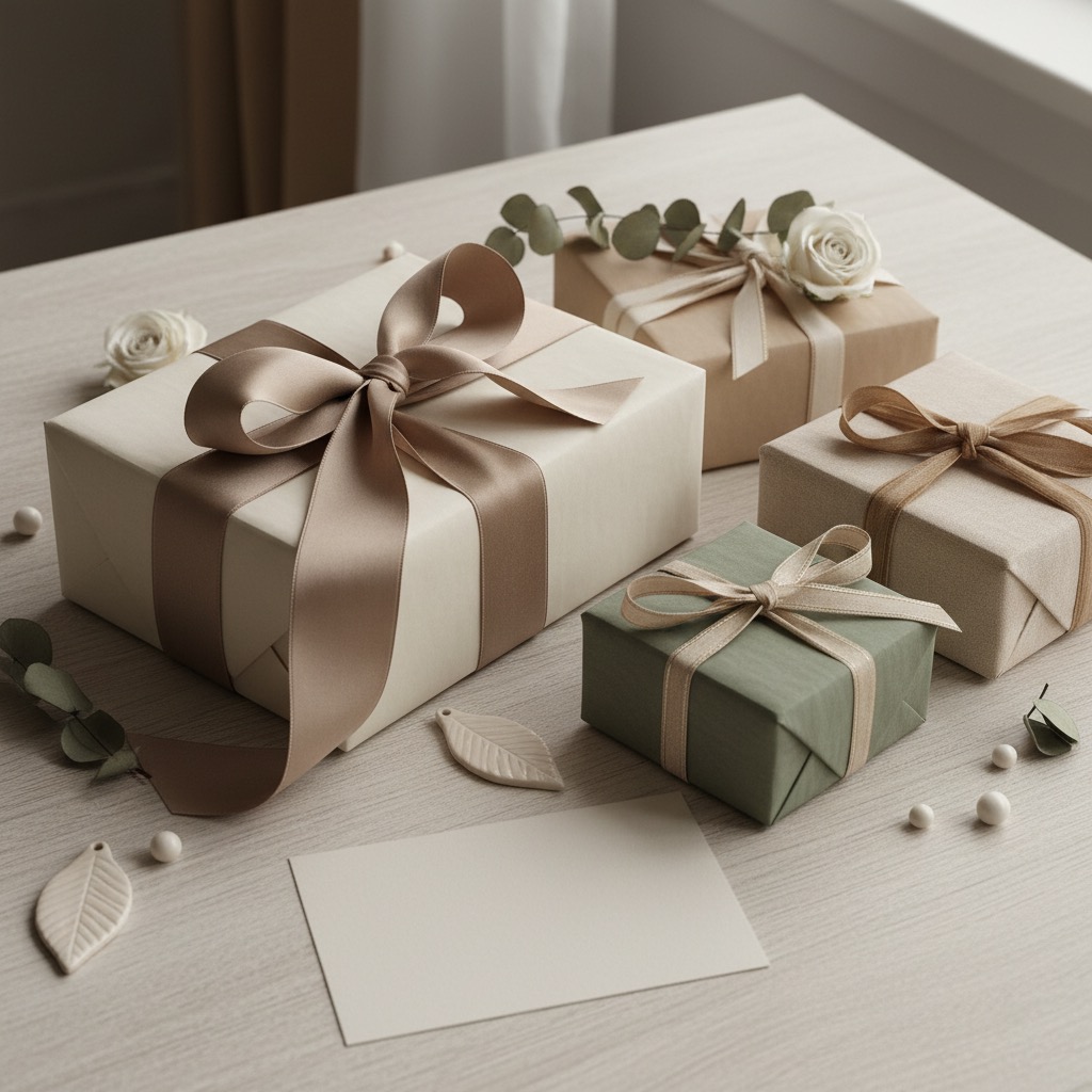 Vier geschmackvoll in gedeckten Farben verpackte Geschenke mit Schleifen, Eukalyptuszweigen und einer Grußkarte auf einem Holztisch.
